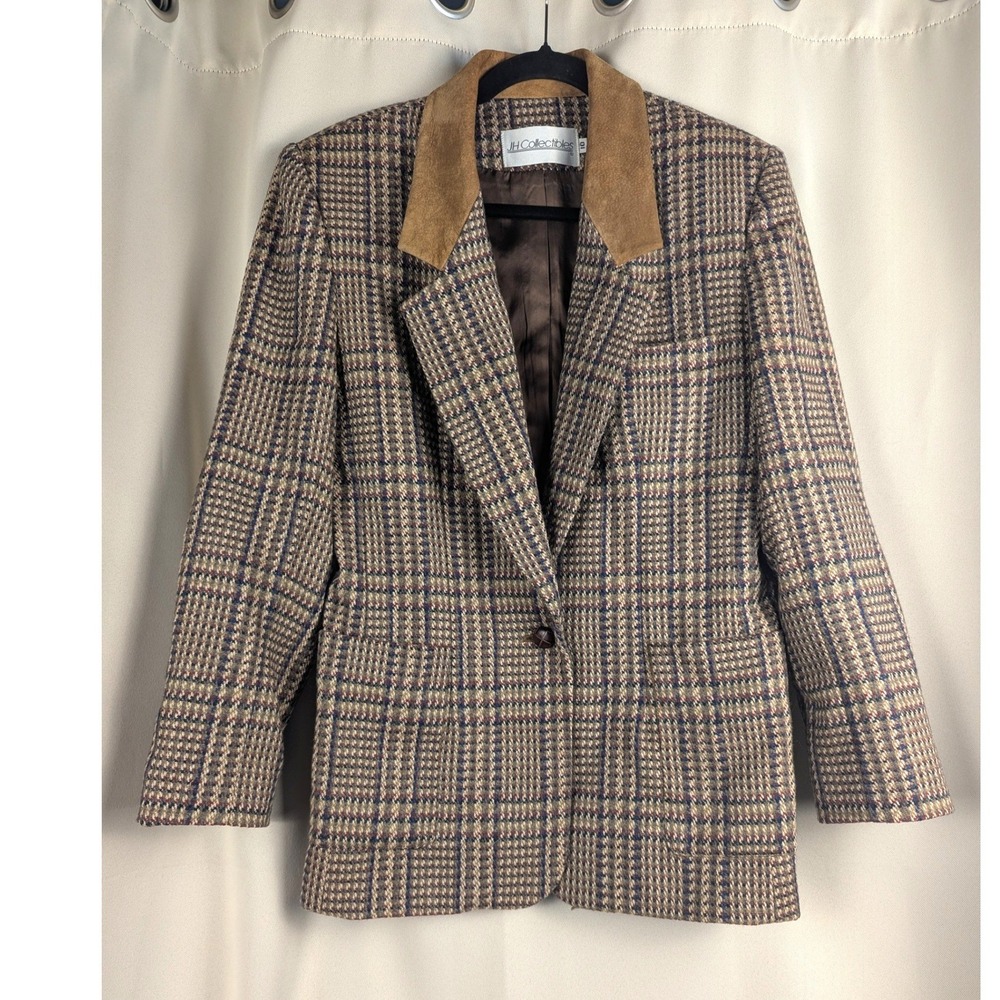 10 VTG JH Collectibles 100% Wool Plaid Blazer Suede Collar & Elbow Patches USA